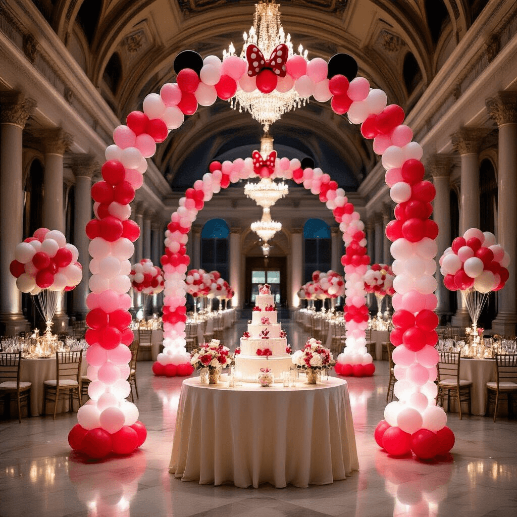 Minnie Mouse Balloons: Everything You Need to Know About Creating Magic at Your Party A grand indoor ballroom decorated for a birthday celebration, featuring towering Minnie Mouse balloon arches and an elegant dessert station, illuminated by crystal chandeliers and fairy lights, with round tables draped in ivory silk linens surrounded by smaller balloon bouquets.