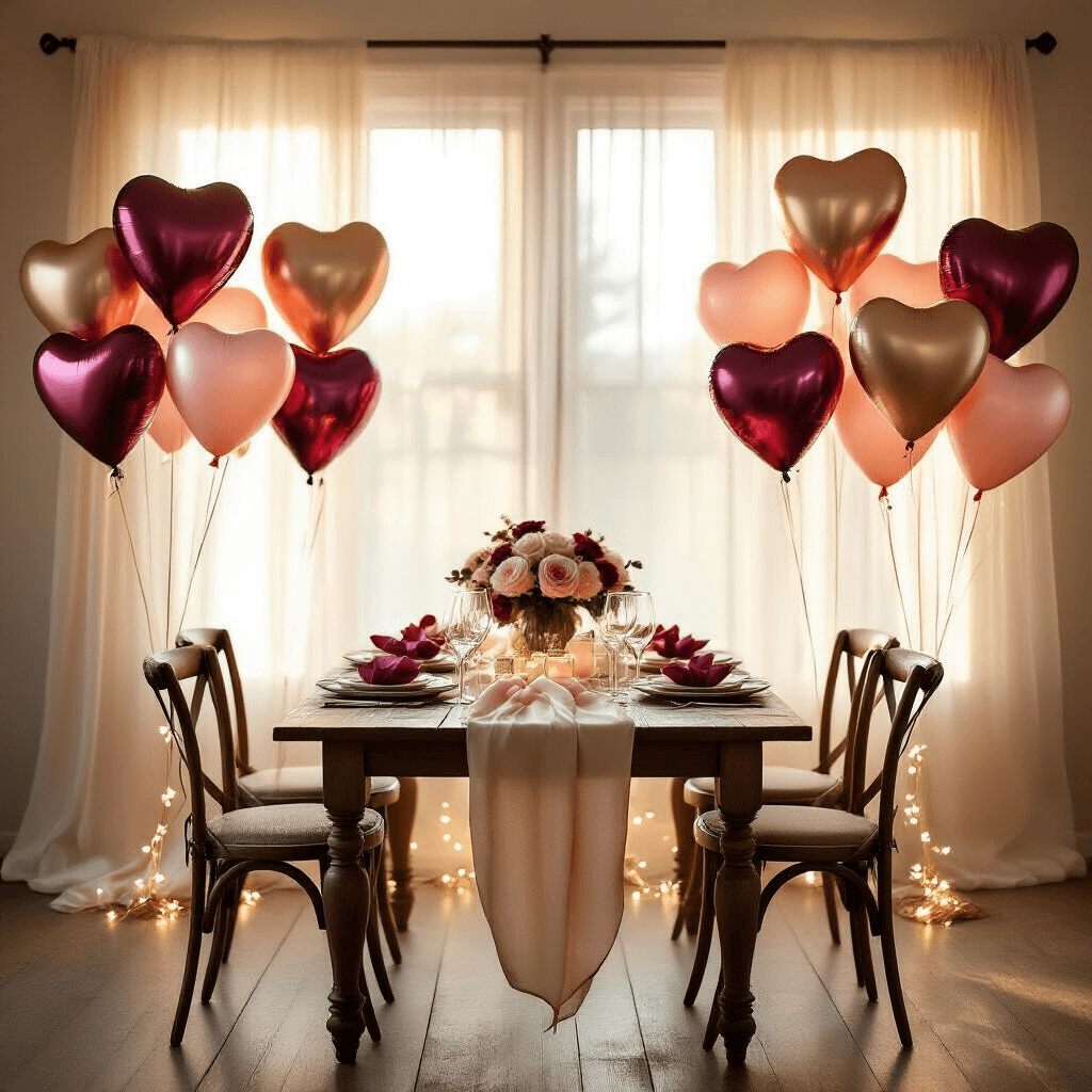 Valentine's Day Balloon Decorations That'll Make Your Space Pop (Without Popping Your Budget) A photorealistic wide-angle shot of a romantic dining room adorned with heart-shaped balloon bouquets in rose gold, burgundy, and blush pink, illuminated by golden hour light, featuring a rustic wooden table with silk runners, fairy lights, and scattered rose petals on hardwood floor.