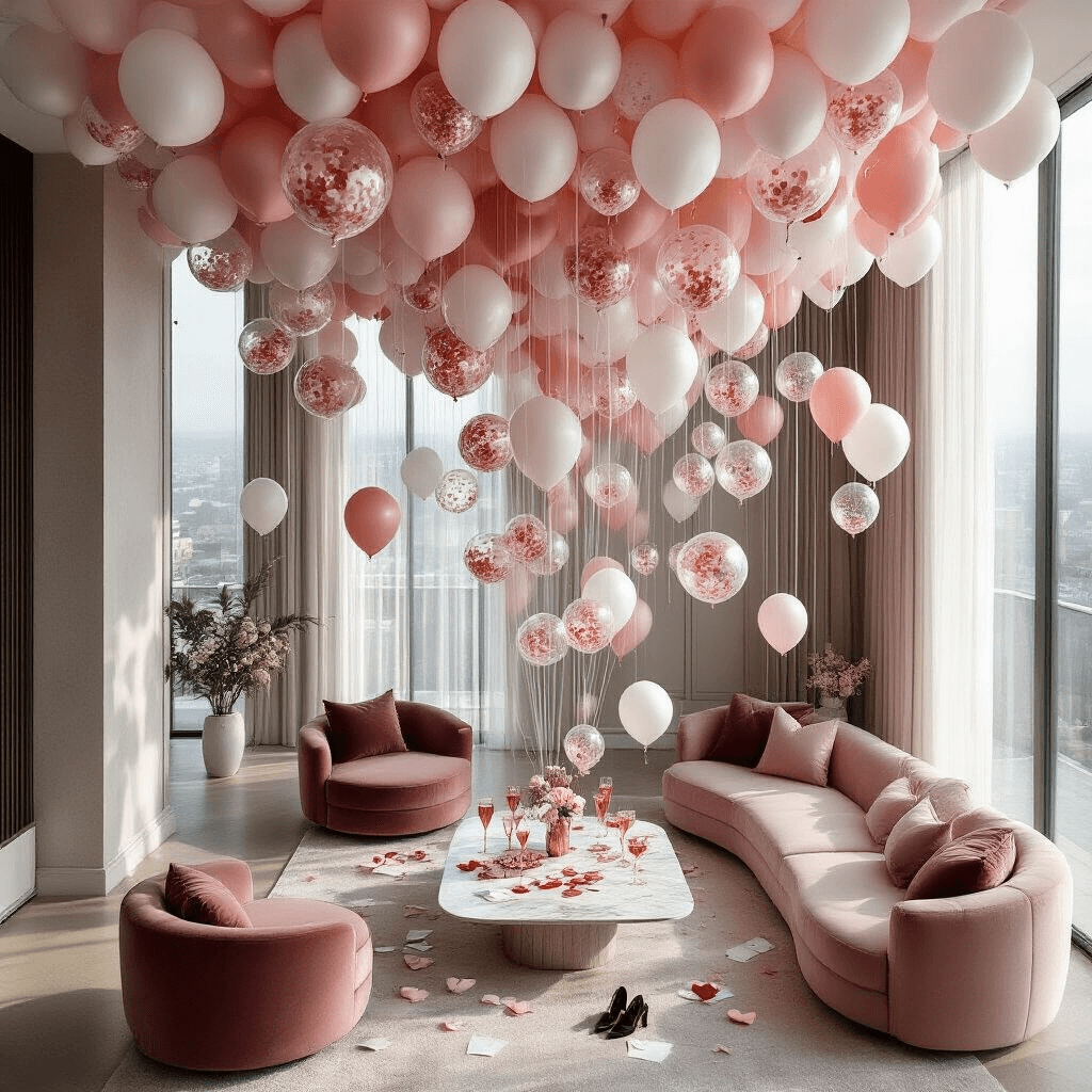 Valentine's Day Balloon Decorations That'll Make Your Space Pop (Without Popping Your Budget) Cinematic overhead view of a modern apartment living room adorned with a lavish floor-to-ceiling balloon installation in blush pink, white, and clear confetti balloons. Soft morning light filters through large windows, illuminating a low marble coffee table set with champagne flutes and love letters, while plush velvet seating in deep rose is framed by cascading balloon clusters at varying heights.