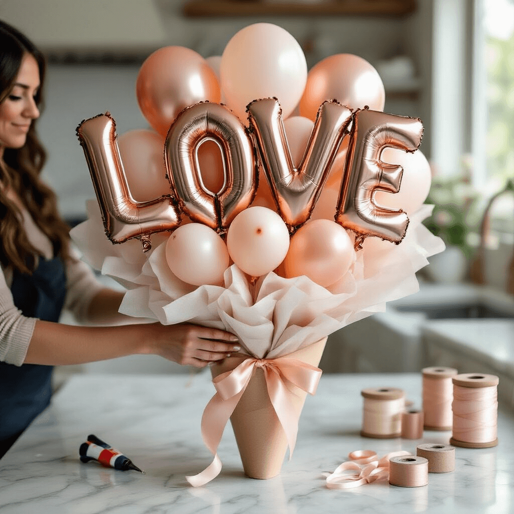 Valentine's Day Balloon Decorations That'll Make Your Space Pop (Without Popping Your Budget) Close-up of hands arranging a DIY balloon bouquet on a marble countertop, featuring luxury tissue-wrapped poster board, foil 'LOVE' balloons in rose gold, and coordinating blush and cream latex balloons, with professional weights and satin ribbons enhancing the elegant display.