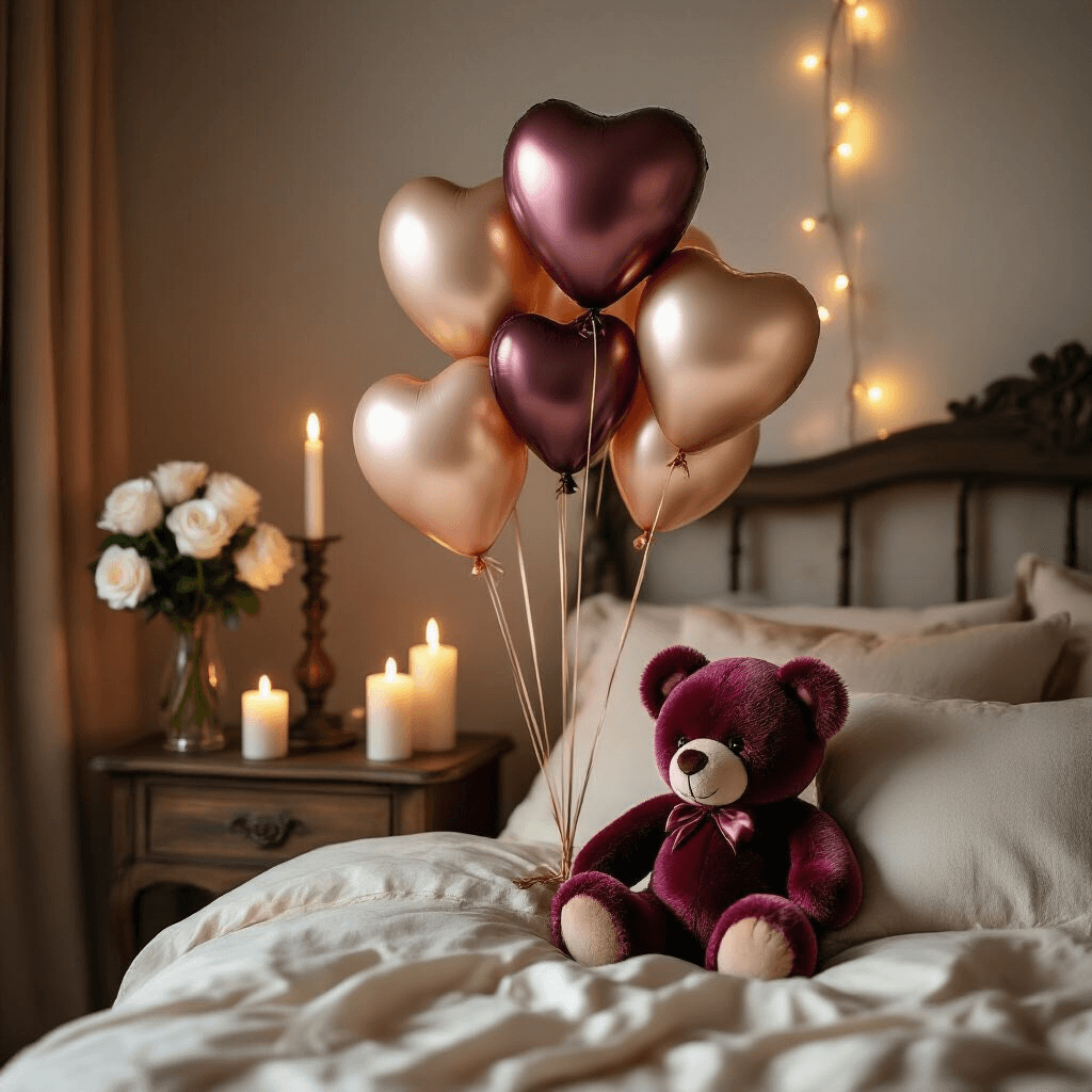 Valentine's Day Balloon Decorations That'll Make Your Space Pop (Without Popping Your Budget) A cozy bedroom corner adorned with a sophisticated burgundy velvet teddy bear and heart-shaped balloons in rose gold and champagne tones, illuminated by warm candlelight on a vintage nightstand and complemented by fresh white roses and fairy lights along the headboard.