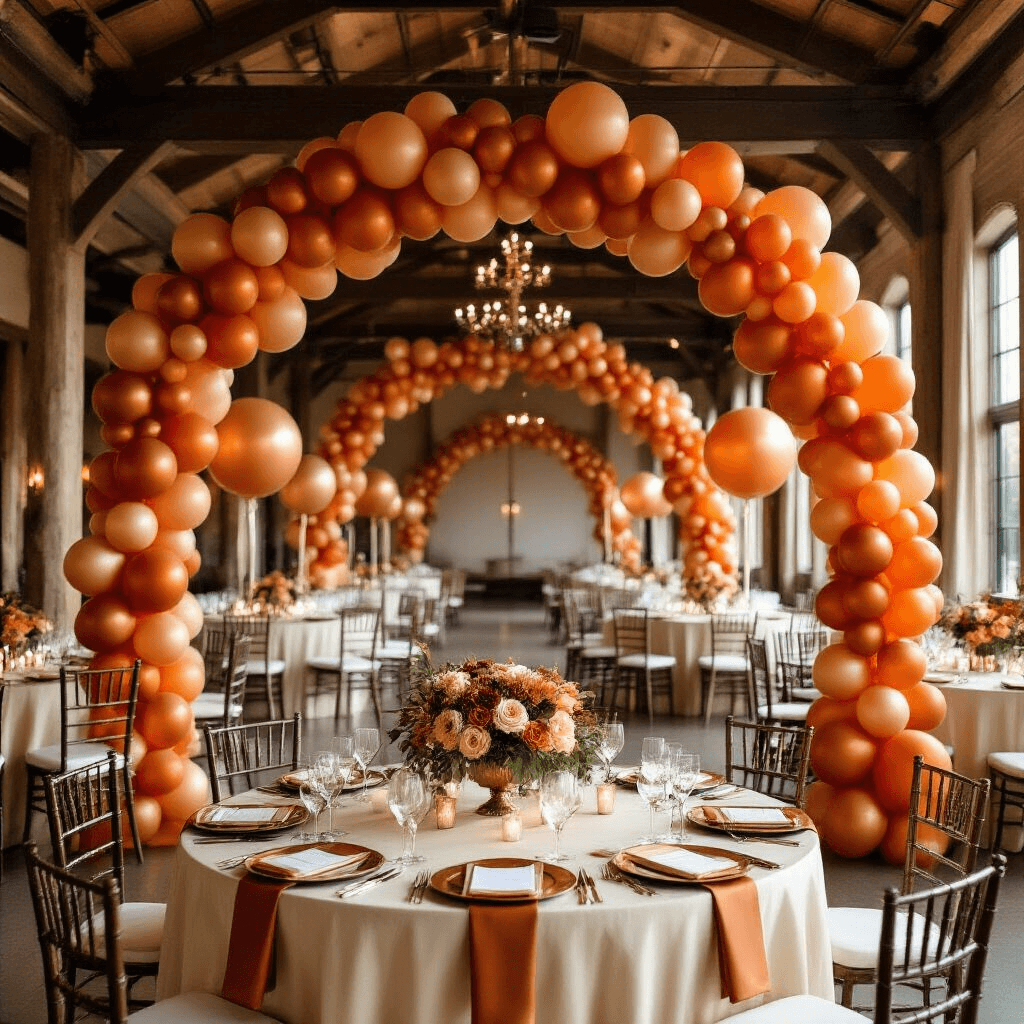 Orange Balloons: Your Complete Guide to Choosing, Buying, and Using Them for Every Celebration A stunning autumn wedding reception in an elegant indoor ballroom, featuring silk cream linens, rust orange balloon garlands, tall glass vases with balloon and floral centerpieces, and warm ambient candlelight, all captured during golden hour.