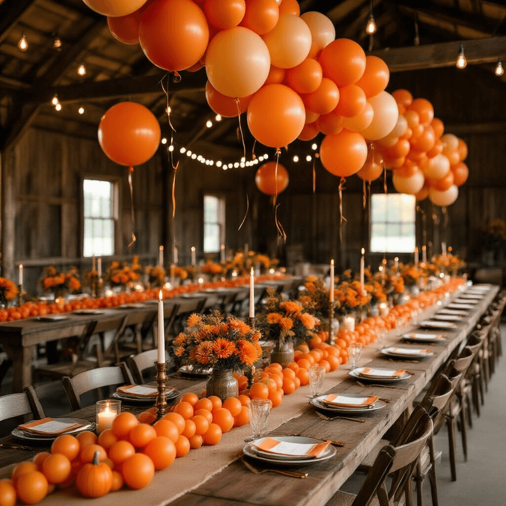 Orange Balloons: Your Complete Guide to Choosing, Buying, and Using Them for Every Celebration Sophisticated fall harvest celebration in a rustic barn, featuring long farm tables adorned with flowing orange balloon garlands, burlap table runners, mason jar centerpieces, ambient string lights, and pillar candles, all set against a warm candlelit backdrop with vintage brass candlesticks and fall foliage accents.