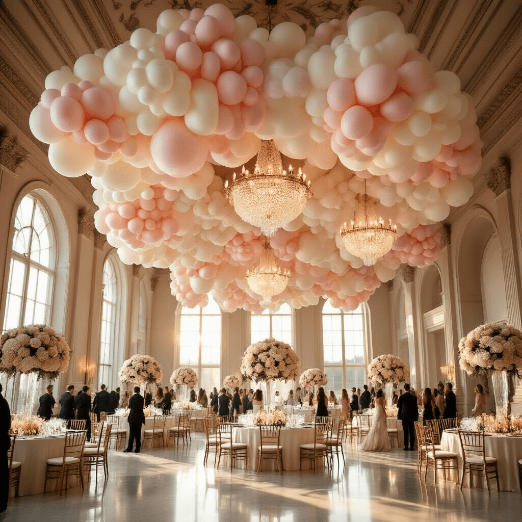 How to Make Balloon Clouds That'll Have Everyone Asking "Wait, You Made That?" Elegant indoor ballroom during golden hour, featuring oversized balloon clouds in blush pink, cream, and pearl white hanging from crystal chandeliers, with round tables dressed in silk ivory linens and towering white rose and eucalyptus centerpieces, as guests in formal attire mingle beneath the floating installation and natural sunlight streams through tall arched windows.