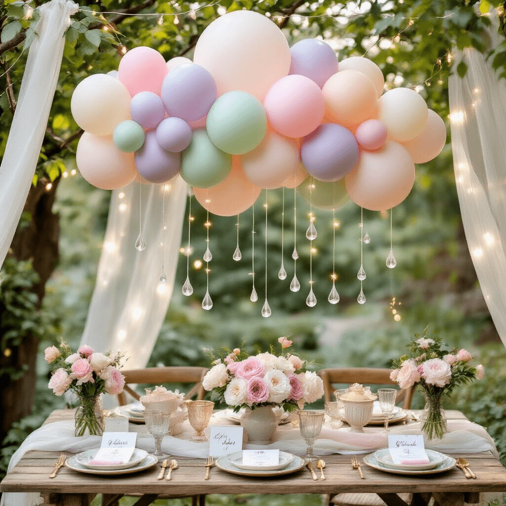 How to Make Balloon Clouds That'll Have Everyone Asking "Wait, You Made That?" Overhead view of a whimsical garden baby shower setup featuring a balloon cloud installation in pastel colors above a rustic wooden picnic table, adorned with vintage plates, gold-rimmed glassware, fresh peonies, and a tiered naked cake, all under a canopy of sheer fabric and fairy lights.
