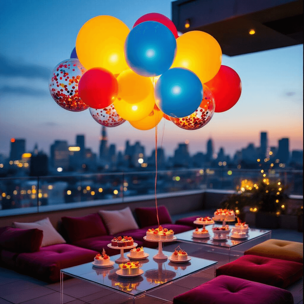 How to Make Balloon Clouds That'll Have Everyone Asking "Wait, You Made That?" Close-up of a modern rooftop terrace birthday celebration at twilight, featuring a vibrant balloon cloud installation in electric blue, sunshine yellow, and cherry red, illuminated by LED lights. Below, low acrylic tables with velvet cushions display individual desserts on marble stands, while neon signage and string lights create a festive atmosphere. Confetti-filled clear balloons catch ambient light, adding depth and movement.