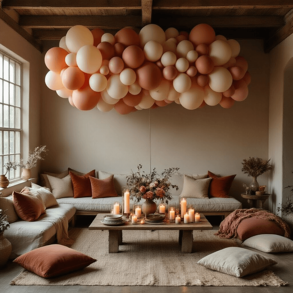 How to Make Balloon Clouds That'll Have Everyone Asking "Wait, You Made That?" Cozy living room transformed for an intimate celebration, featuring a terracotta, cream, and dusty rose balloon cloud installation over wooden beams, with candlelit ambiance, layered textiles on a low coffee table, pillar candles in glass hurricanes, and floor seating with earth-toned throw pillows, casting dancing shadows on whitewashed walls.