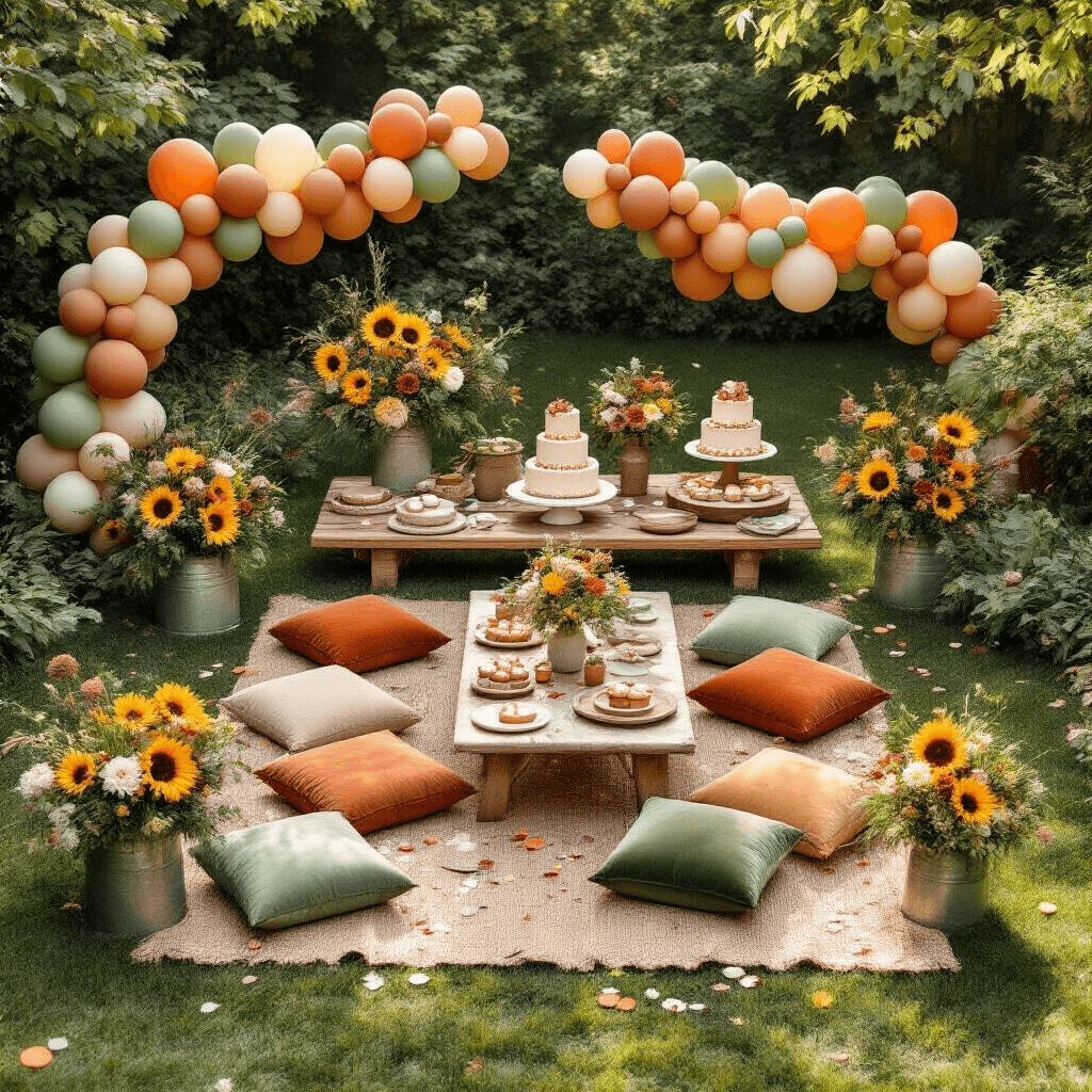 Balloon Backgrounds: The Ultimate Guide to Finding and Using Festive Designs That Actually Work Overhead flat lay of a whimsical garden birthday party with picnic tables, terracotta and sage green cushions, earthy balloon borders, tiered cakes on wooden boards, fresh florals in galvanized containers, and dappled sunlight filtering through trees.