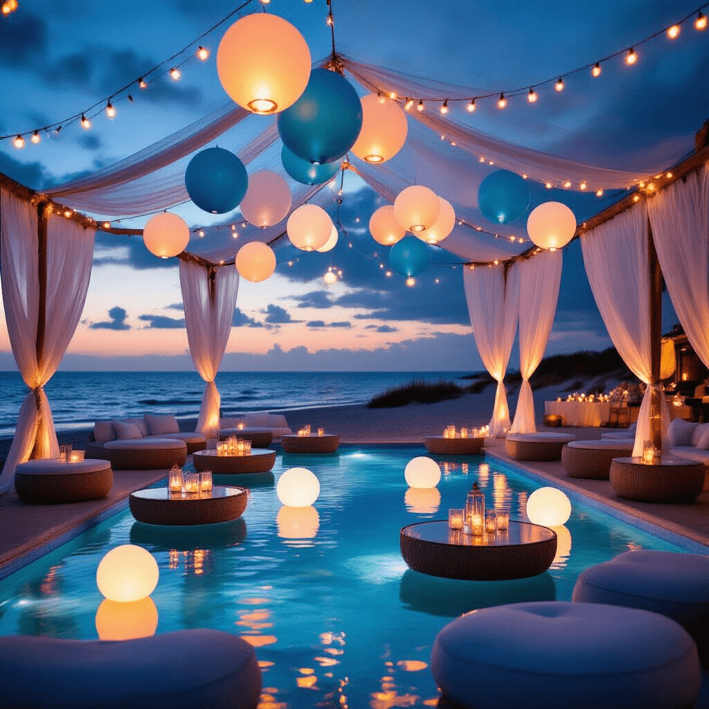 Transform Your Birthday Party with Stunning Balloon Decorations: A Complete Guide A magical beachfront evening party featuring floating LED balloon lanterns and soft fairy lights, with ocean blue and white balloon arrangements, cocktail tables, cushioned seating, and intimate photo booth areas amidst a serene seafoam green, ivory, and silver color palette.