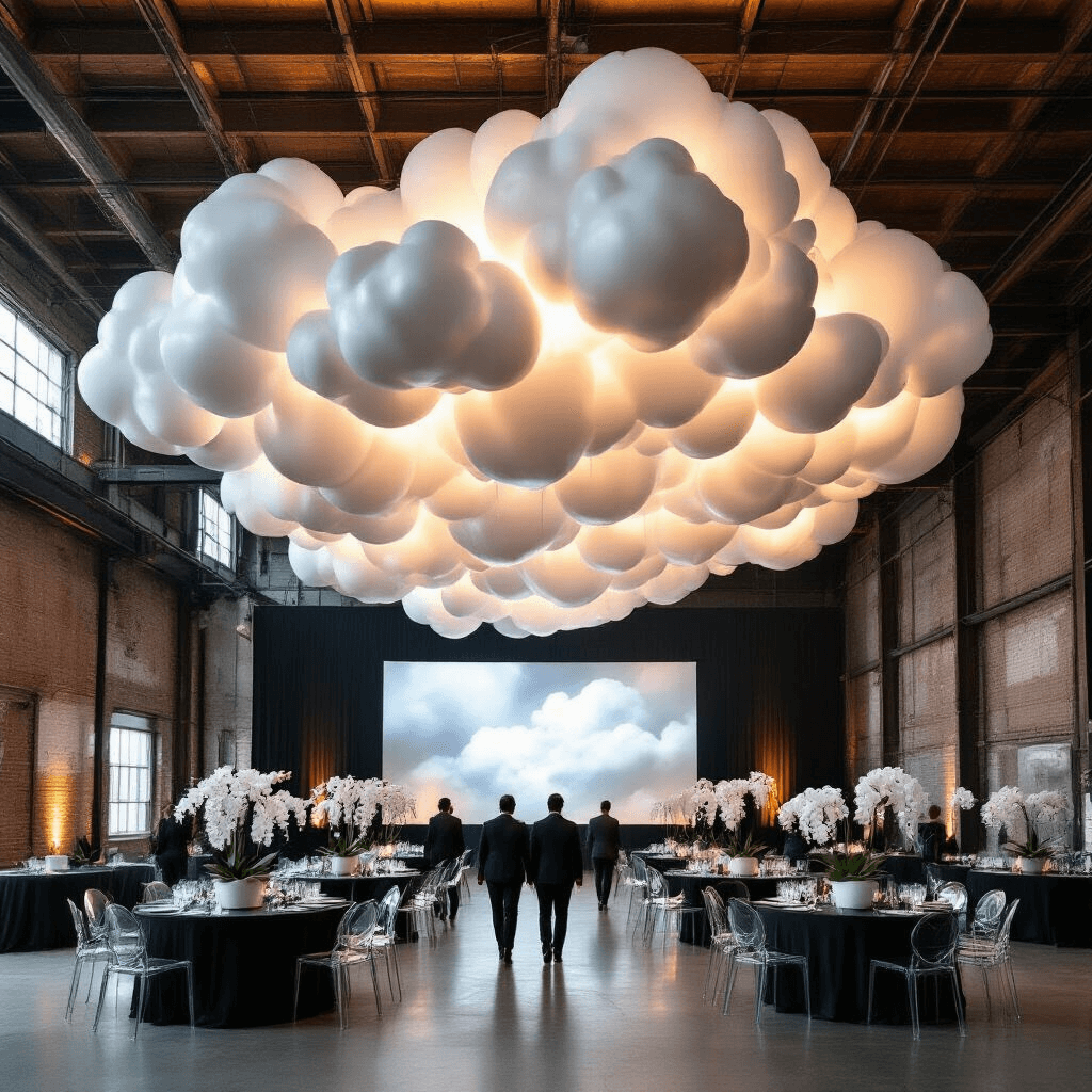 Current Balloon Aesthetic Trends: What's Actually Cool in 2026 Wide cinematic view of a corporate event entrance featuring a dramatic thundercloud balloon installation in gray and white, illuminated by shifting LED lighting. Guests mingle beneath the sculptural display in a converted warehouse, with sleek black mirrored tables reflecting the overhead design and chrome silver balloons displaying projected company logos. Modern ghost chairs and minimalist white orchids in geometric concrete planters add elegance to the scene.