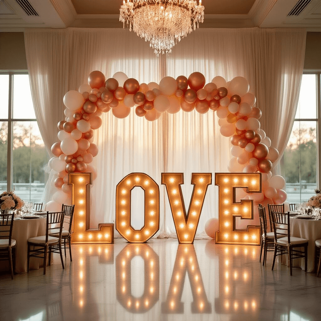 Marquee Letters With Balloons: The Party Décor That'll Make Your Guests Stop and Stare Wide-angle shot of an elegant ballroom at golden hour, featuring illuminated 'LOVE' marquee letters wrapped in blush pink, cream, and rose gold balloon garlands, polished marble floors, silk ivory draping, crystal chandeliers, and round tables with silk linens and floral centerpieces.