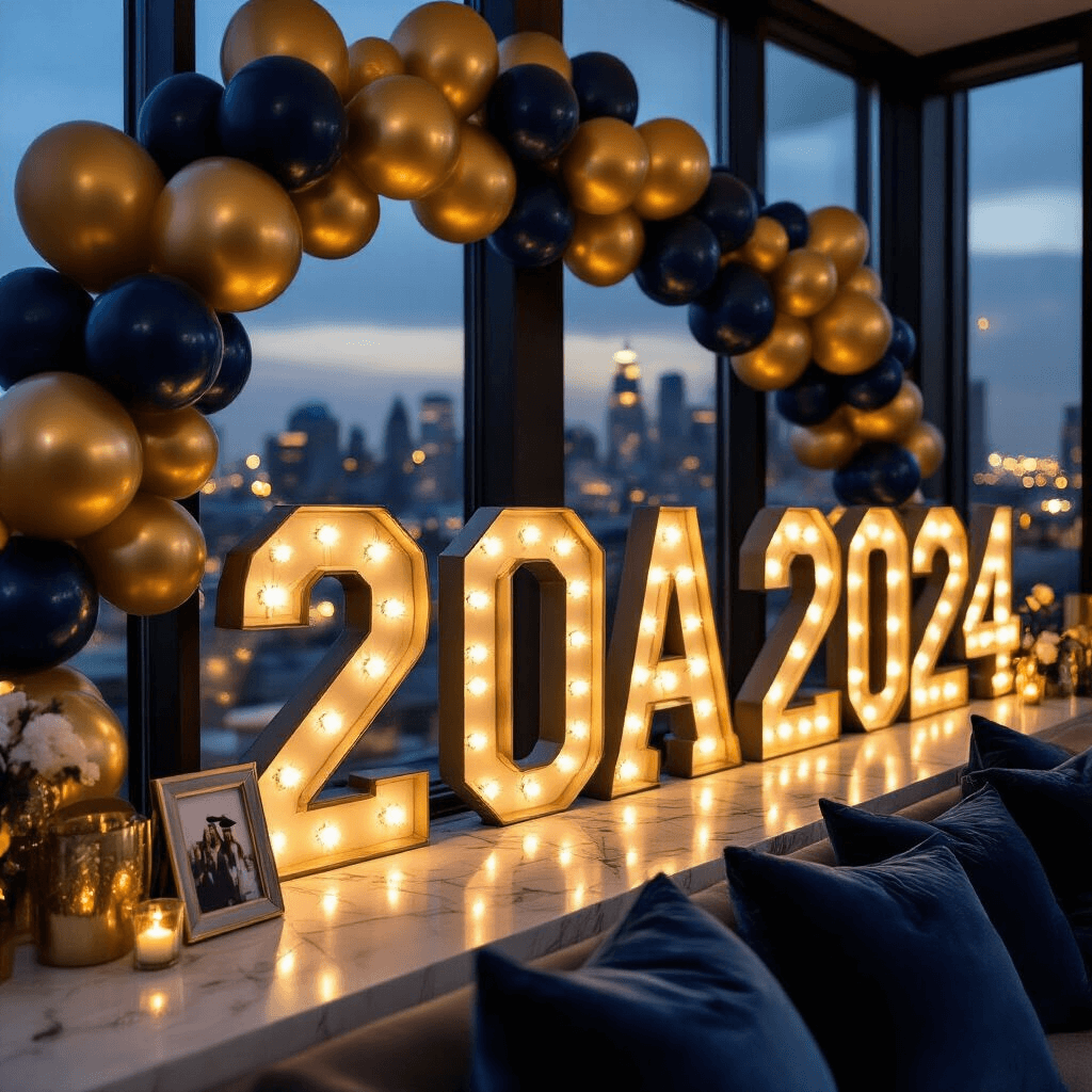 Marquee Letters With Balloons: The Party Décor That'll Make Your Guests Stop and Stare Close-up of marquee letters 'GRAD 2024' glowing warmly in a modern apartment, surrounded by navy, gold, and cream balloon garlands, with city lights twinkling through floor-to-ceiling windows and a marble countertop displaying graduation memorabilia and elegant glassware.