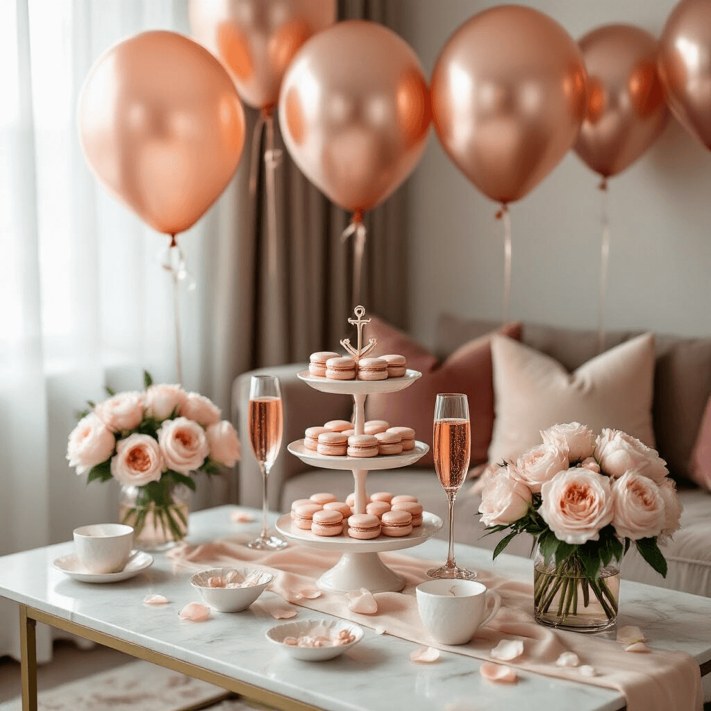Metallic Balloons: The Sparkly Party Decoration That Could Kill You (And Here's How to Stay Safe) Overhead shot of an elegant bridal shower setup featuring rose gold Mylar balloons, a tiered cake display with macarons, champagne flutes, and floral arrangements in a modern apartment, all bathed in soft morning light.