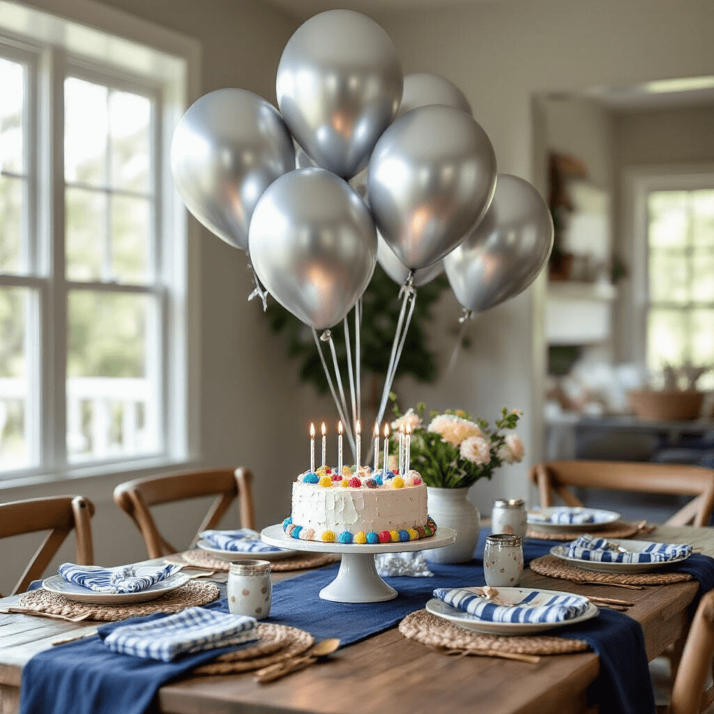 Metallic Balloons: The Sparkly Party Decoration That Could Kill You (And Here's How to Stay Safe) Close-up of a cozy children's birthday party indoors, featuring silver chrome balloons secured with decorative weights, a rustic wooden table adorned with a colorful birthday cake and silver candles, and layered textiles including a navy linen tablecloth and striped napkins, all illuminated by natural midday sunlight.
