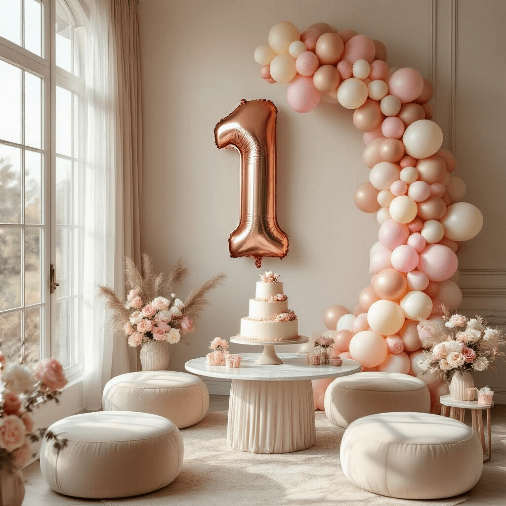 First Birthday Balloons: Everything You Need to Know About Making Your Baby's Big Day Pop A beautifully decorated indoor living room for a first birthday celebration, featuring a blush pink, cream, and caramel balloon garland, a large rose gold number '1' balloon, plush velvet floor cushions, a tiered vanilla birthday cake, and soft morning light streaming through sheer pink drapery.