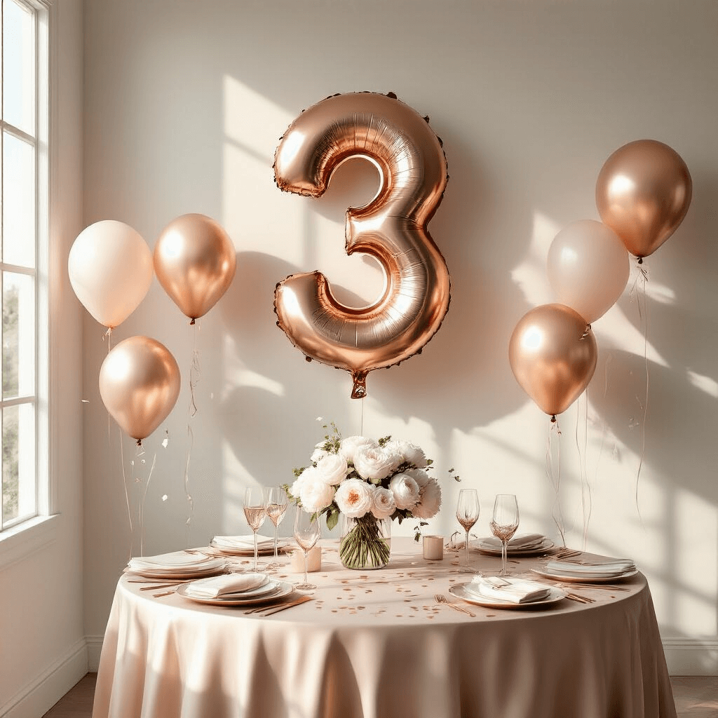 Number Balloon Photoshoot Ideas That'll Make Your Next Celebration Instagram-Worthy Photorealistic indoor birthday celebration with oversized rose gold number balloons, soft white wall, and warm golden hour sunlight highlighting silk table linens, crystal vases with white peonies, and elegant place settings in a modern living room.