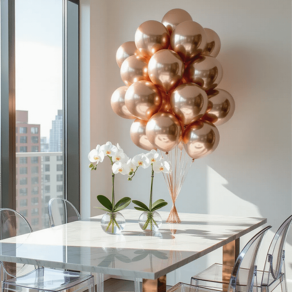 How I Learned to Stop Settling for Basic Party Balloons and Create Actually Stunning Decor A close-up of a modern minimalist birthday celebration in a sleek apartment, featuring chrome and rose gold balloon clusters, a marble dining table with white orchids, and a neon sign reading '30 and Thriving' illuminated by natural light.