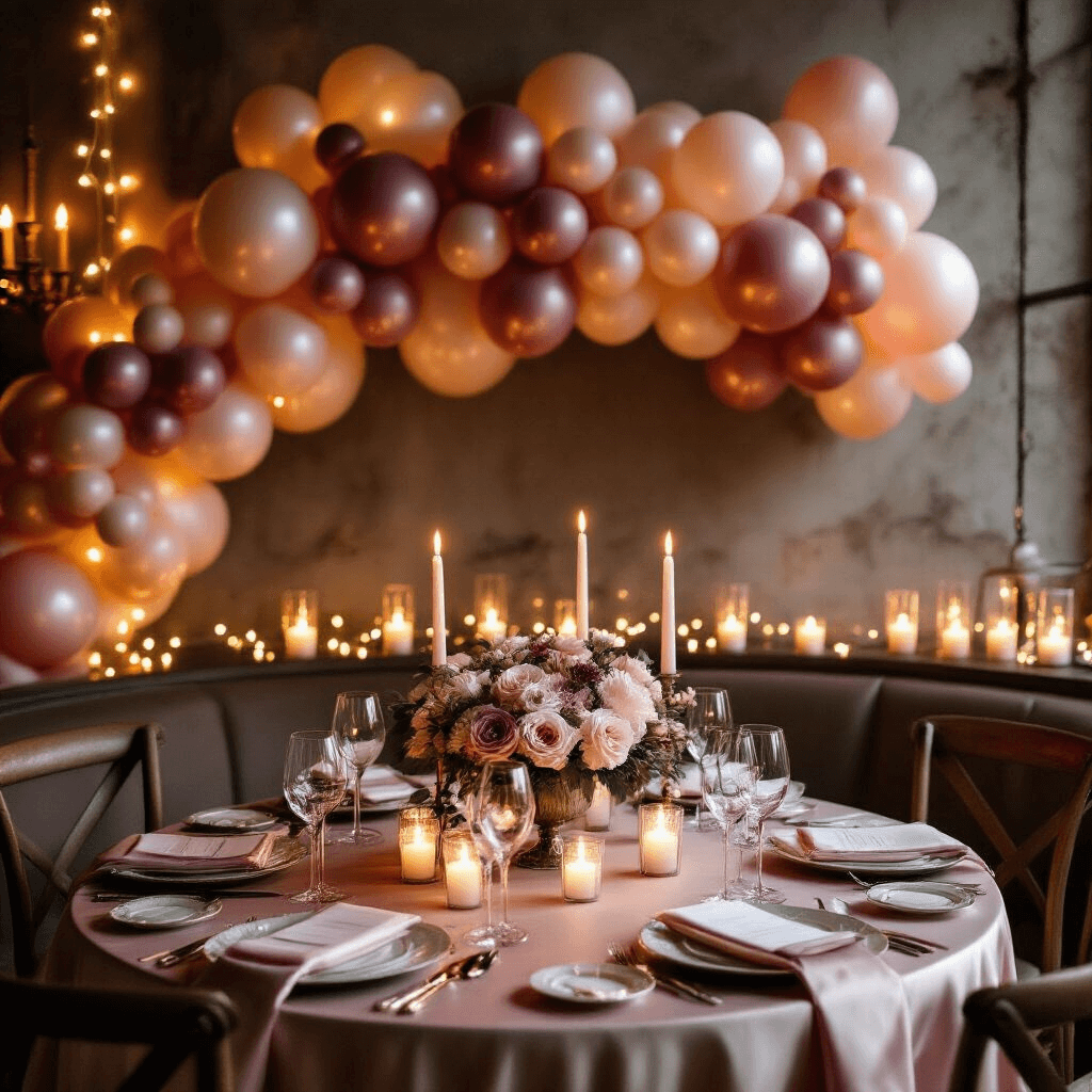 How I Learned to Stop Settling for Basic Party Balloons and Create Actually Stunning Decor A romantic dining nook for an engagement party, featuring pearl-finish ombre balloons from blush pink to deep mauve, warm candlelight from glass hurricanes, a small round table with silk blush linens, fine china, and a low centerpiece of blush roses, complemented by cream velvet chairs and sheer curtains.