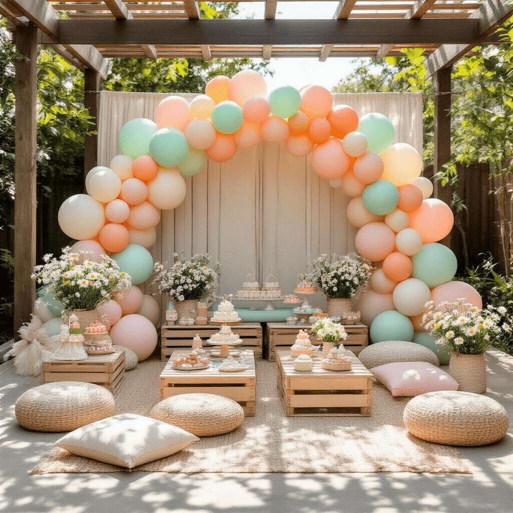 How I Learned to Stop Settling for Basic Party Balloons and Create Actually Stunning Decor A whimsical children's first birthday setup featuring a pastel balloon arch, picnic-style low tables with floor cushions, wooden crates, and a 'One Year of Joy' sign, all captured in midday sun with playful light patterns.