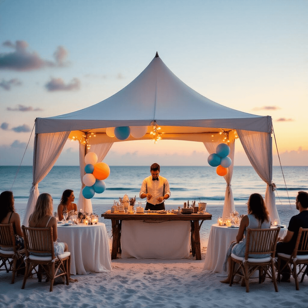 Balloon Twisting for Beginners: Everything I Learned Making My First Balloon Dog (And Why It Popped) Upscale balloon artistry demonstration at a beachfront venue during twilight, featuring a white canvas tent, elegant tables with ivory linens and driftwood centerpieces, and guests in summer attire. The artist showcases balloon sculptures in ocean-inspired colors, set against a backdrop of soft ocean breezes and a warm amber sunset.