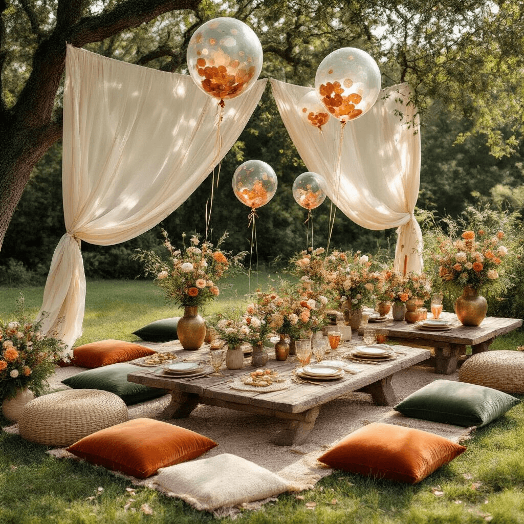 Confetti Balloons Are My Secret Weapon for Parties That People Actually Remember An intimate garden party setup with rustic picnic-style tables adorned with velvet cushions and balloons, surrounded by wildflowers and decorative details under soft morning light.