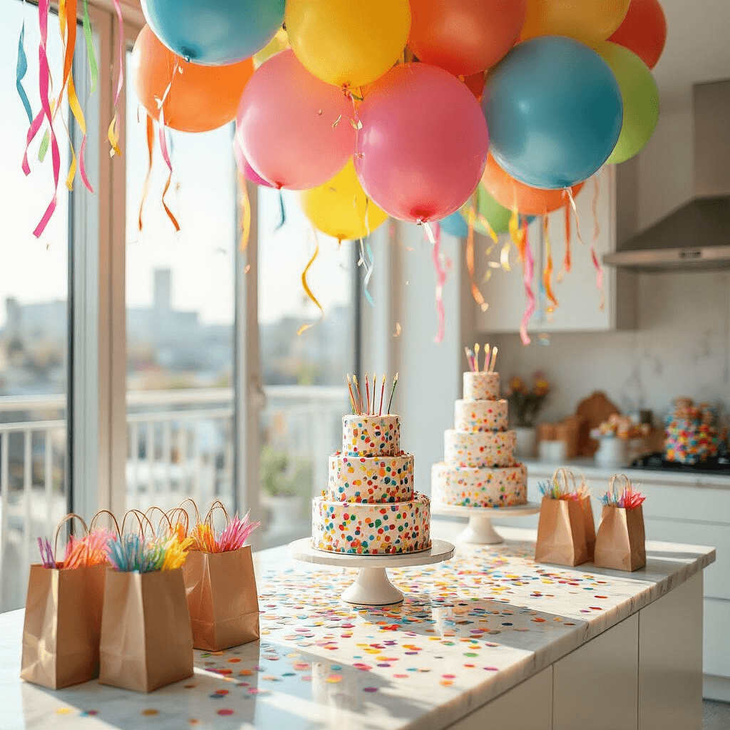 Confetti Balloons Are My Secret Weapon for Parties That People Actually Remember A vibrant children's birthday party corner featuring rainbow confetti balloons and oversized number balloons, illuminated by midday sunlight. A three-tiered birthday cake adorned with confetti sits on a marble kitchen island, surrounded by colorful balloon bunches and cascading streamers, with DIY party favors on a console table against clean white walls.