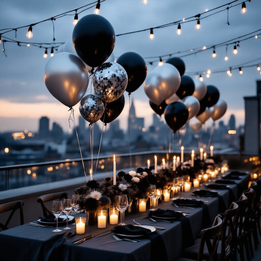 Confetti Balloons Are My Secret Weapon for Parties That People Actually Remember A sophisticated rooftop terrace birthday celebration illuminated by candlelight, featuring a long charcoal silk dining table with black velvet napkins, clusters of pillar candles, and fairy lights overhead. Elegant confetti balloons filled with silver and black metallic pieces float at varying heights, while minimal floral arrangements of dark dahlias and silver dusty miller accent the monochromatic setting. Personalized place cards rest against confetti balloon favors at each place setting, with a dramatic city skyline backdrop.