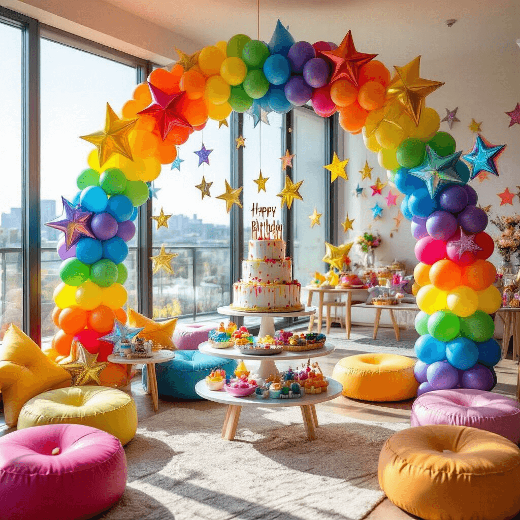 How to Make Star Balloons That'll Actually Wow Your Party Guests A vibrant children's birthday party scene in a modern apartment living space, featuring a rainbow balloon arch with handmade star designs, colorful latex balloons, a stylish dessert cart with a tiered cake, bright floor cushions, and constellation wall decorations, all illuminated by afternoon sunlight.