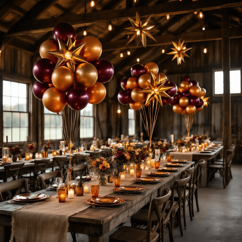 How to Make Star Balloons That'll Actually Wow Your Party Guests Moody cinematic shot of a rustic barn venue decorated for an evening event with dramatic burgundy, orange, and gold star balloons, long farm tables with burlap runners and amber glassware, mismatched vintage chairs, and glowing Edison bulbs amidst seasonal florals and cozy hay bale seating.