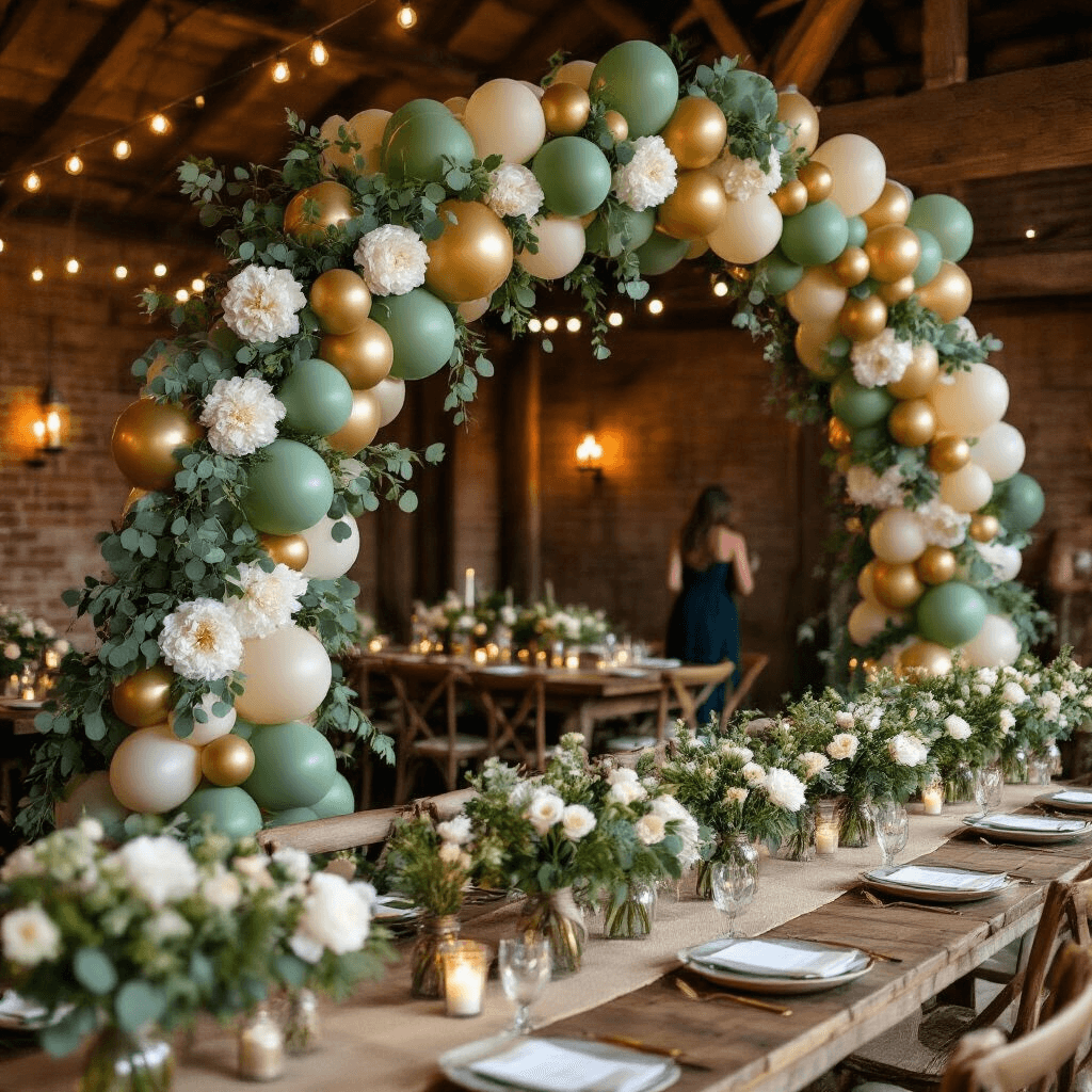 Gender Reveal Balloons: Every Creative Way to Pop the Big News (Without Losing Your Mind) Close-up of an elaborate balloon garland in sage green, cream, and gold with eucalyptus and peonies, set against a rustic barn wall, illuminated by candlelight, with vintage wooden tables adorned with burlap runners and wildflower centerpieces, creating a cozy and whimsical celebration atmosphere.