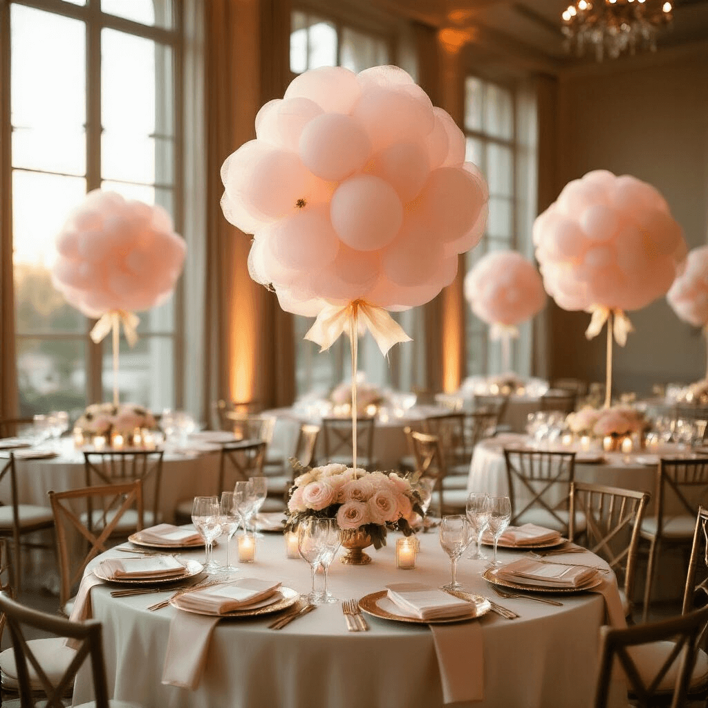 Tulle Balloons: The Elegant Party Decor That Made Me Ditch Traditional Centerpieces A luxurious indoor ballroom at golden hour, featuring round tables with blush pink tulle balloons, silk ivory linens, eucalyptus garlands, crystal glassware, and gold-rimmed plates, accentuated by floating candles and elegant decor.