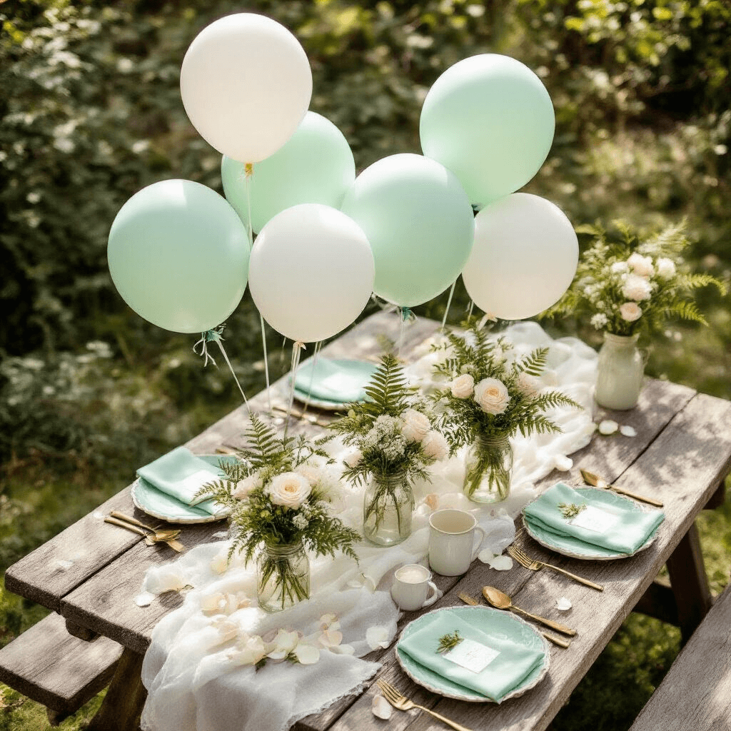 Tulle Balloons: The Elegant Party Decor That Made Me Ditch Traditional Centerpieces Overhead view of a charming garden baby shower setup featuring mint green and white tulle balloons, pastel plates, sage green napkins, vintage brass cutlery, and mason jar centerpieces with white flowers, all arranged on a rustic wooden picnic table with soft morning light and dappled shadows.
