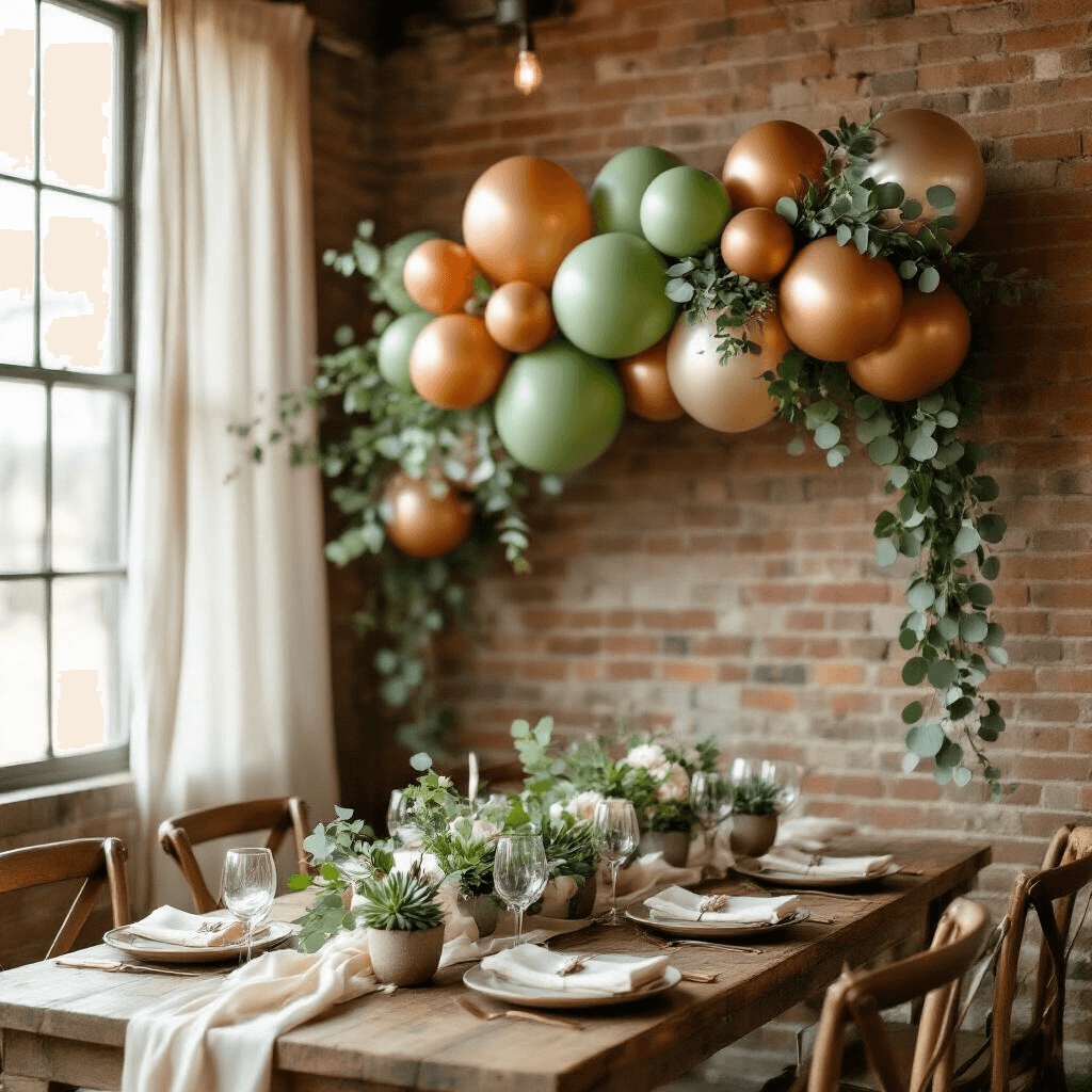 Prom Balloons: Everything You Need to Transform Your Venue Into Instagram Heaven Close-up of a balloon garland featuring sage green latex balloons, terracotta balloons, and chrome foil pieces, cascading down a rustic brick wall with eucalyptus and cream silk ribbon, illuminated by soft morning light; wooden farm tables set with ceramic place settings and potted succulents.