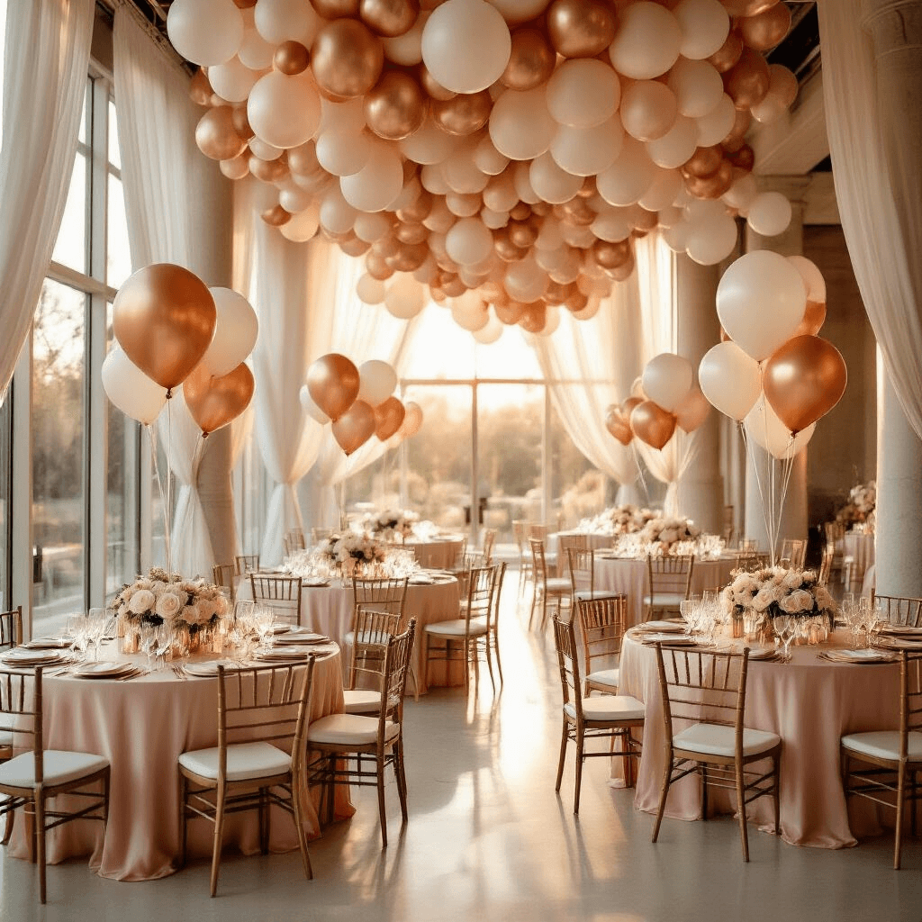 Engagement Balloons: Everything You Need to Know About Choosing the Perfect Party Decor Elegant indoor engagement party in a ballroom, featuring blush pink silk table linens, rose gold balloon garlands, diamond ring foil balloons, and romantic arches of mylar balloons. Soft golden hour light highlights crystal glassware, white roses in gold vessels, and flickering candles, with an intimate ambiance created by velvet chair cushions and fairy lights.