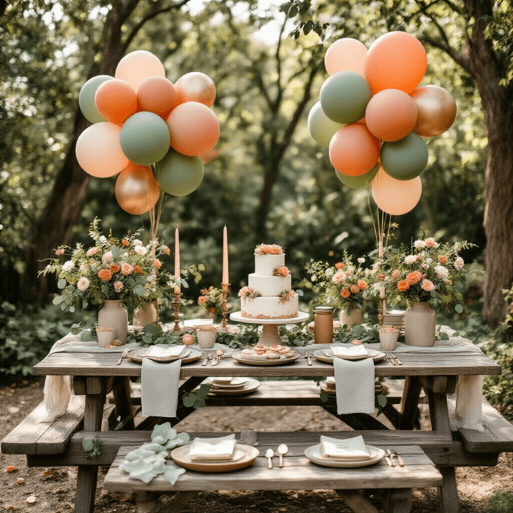 Engagement Balloons: Everything You Need to Know About Choosing the Perfect Party Decor Overhead view of a rustic garden engagement setup featuring a wooden picnic table with sage green and terracotta balloon bouquets, layered textiles, ceramic dishware, and fresh eucalyptus garlands, complemented by a tiered engagement cake, mason jar wildflower centerpieces, and rose gold balloons, all bathed in soft morning light.