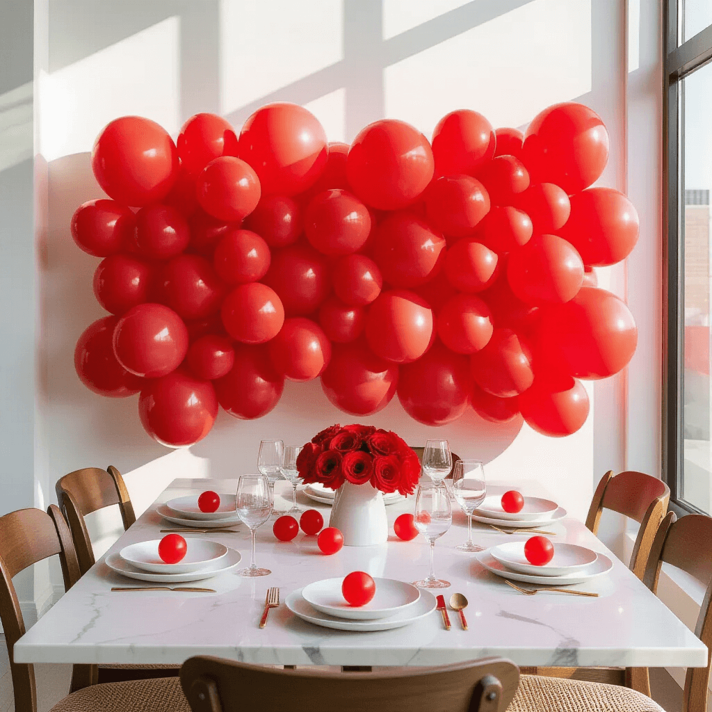 Red Balloons Aesthetic: How I Learned to Transform Ordinary Spaces with Bold Simplicity A beautifully styled birthday party tablescape in a modern apartment, featuring a white marble dining table adorned with a vibrant red balloon wall backdrop, crisp white ceramic plates, and clear glassware, all bathed in soft morning light.
