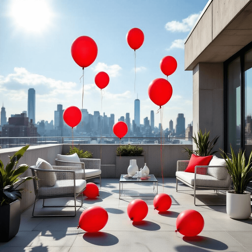 Red Balloons Aesthetic: How I Learned to Transform Ordinary Spaces with Bold Simplicity A contemporary rooftop terrace setup featuring red balloons as artistic props during midday sun, with a modern concrete and steel environment, city skyline backdrop, and softbox lighting diffusing shadows. The composition includes sleek metal furniture, clear acrylic props, and minimalist white ceramics, with some red balloons floating mid-air adding dynamic energy to the scene.