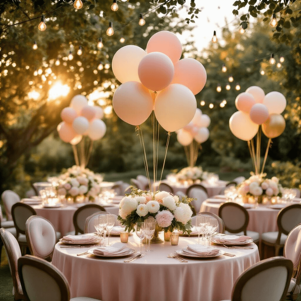 How to Draw a Balloon: The Simple 4-Step Guide That Actually Works Cinematic wide-angle shot of an elegant outdoor garden party at golden hour, featuring round tables with silk blush pink linens, balloon centerpieces in soft pastels, marble pedestals, white peonies, eucalyptus garland, vintage chairs, and crystal stemware, all illuminated by warm sunlight and string lights.