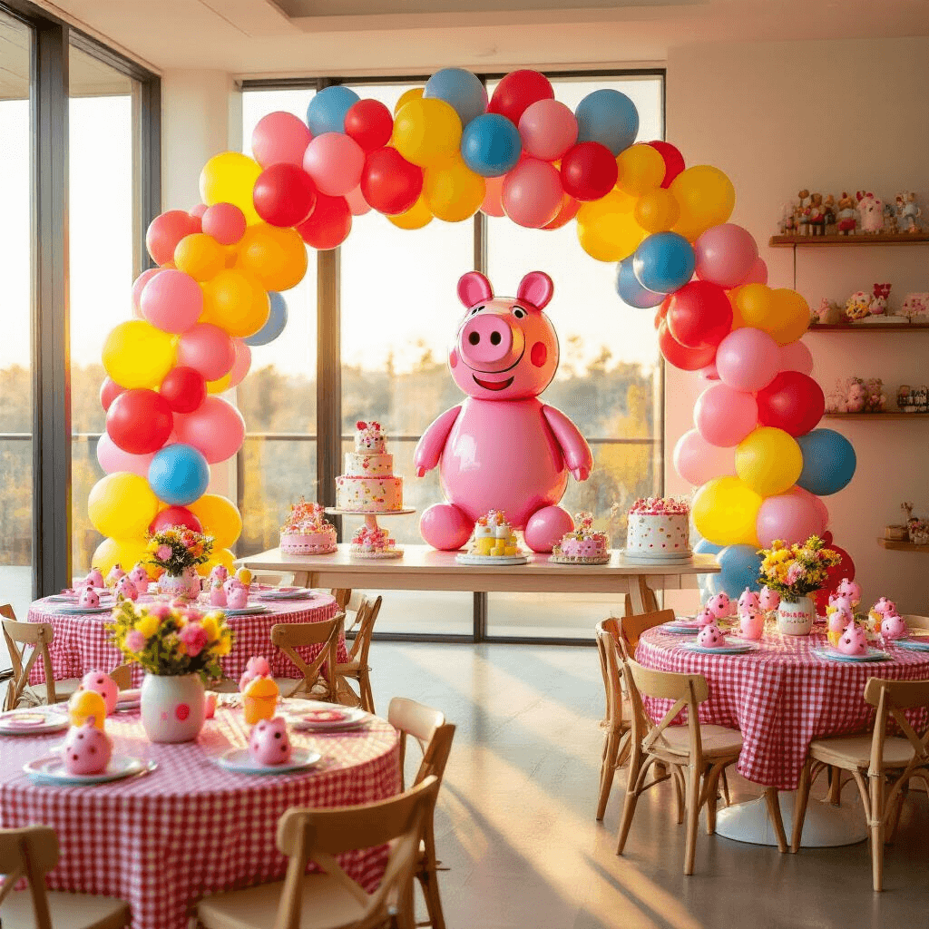 Peppa Pig Balloons: Everything You Need to Turn Your Party Into Peppaville A vibrant children's birthday party in a modern living room, featuring a balloon arch with Peppa Pig balloons, round tables with red gingham tablecloths and Peppa-themed bouquets, and colorful wall decorations, all illuminated by warm golden hour sunlight.