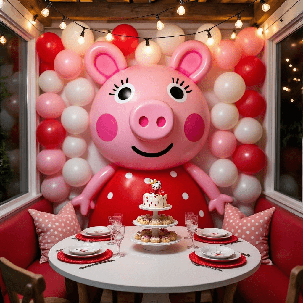 Peppa Pig Balloons: Everything You Need to Turn Your Party Into Peppaville Intimate dining nook transformed into Peppaville with a whimsical balloon backdrop featuring Peppa Pig's face, candlelit evening ambiance, red polka-dot table setting, and Peppa-themed cake, adorned with handmade balloon characters and warm fairy lights.