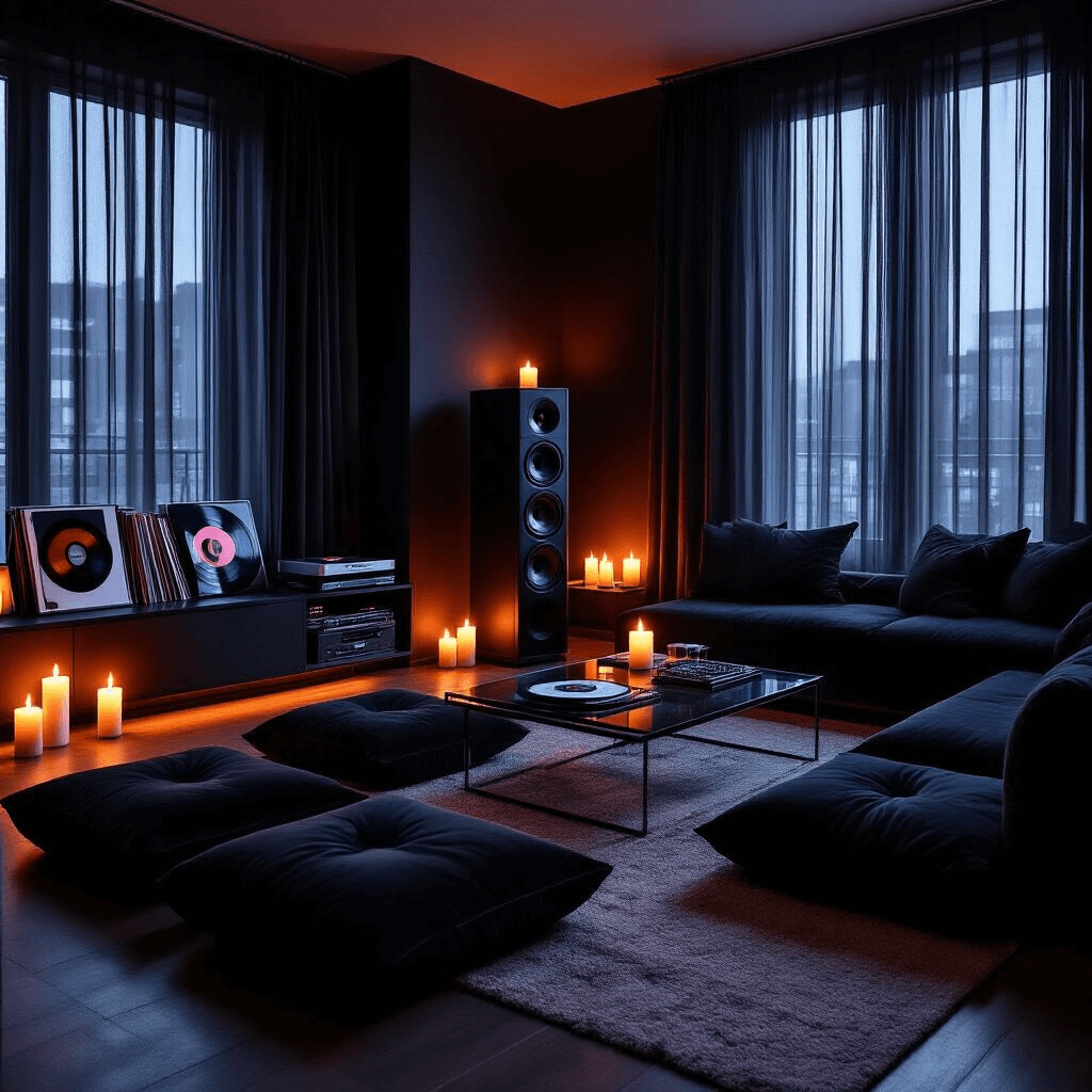 How House of Balloons Changed My Entire Relationship with R&B Music A cozy and intimate late-night listening party in a modern apartment, featuring deep charcoal walls, plush black velvet floor cushions, and flickering LED candles casting dramatic shadows, with a premium speaker system and displayed vinyl records. The warm amber lighting enhances the secretive atmosphere.