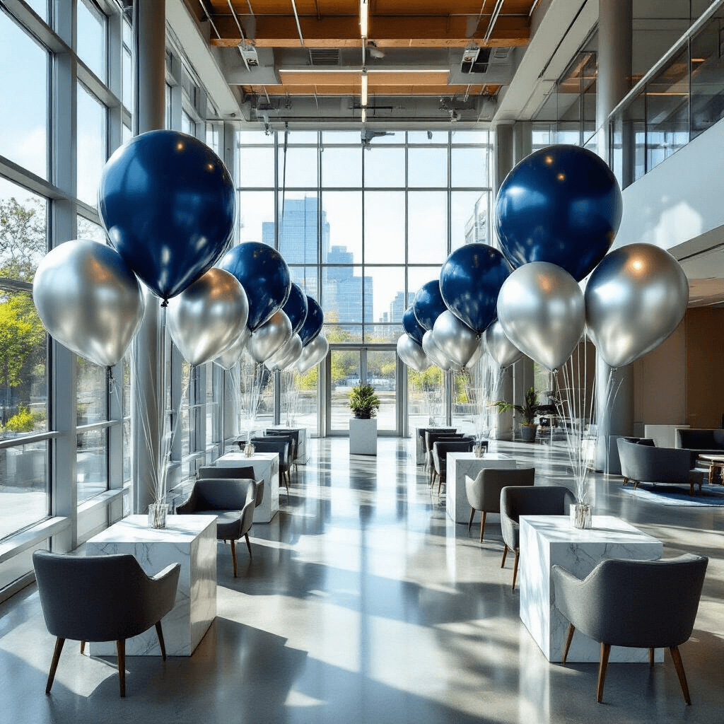 Big Balloons: Everything You Need to Know About Making Your Event Unforgettable Photorealistic overhead view of an upscale corporate event in a modern glass-walled conference center, featuring metallic silver and navy mylar balloons as wayfinding markers, polished concrete floors, contemporary furniture, and natural sunlight creating reflective patterns on marble tables.