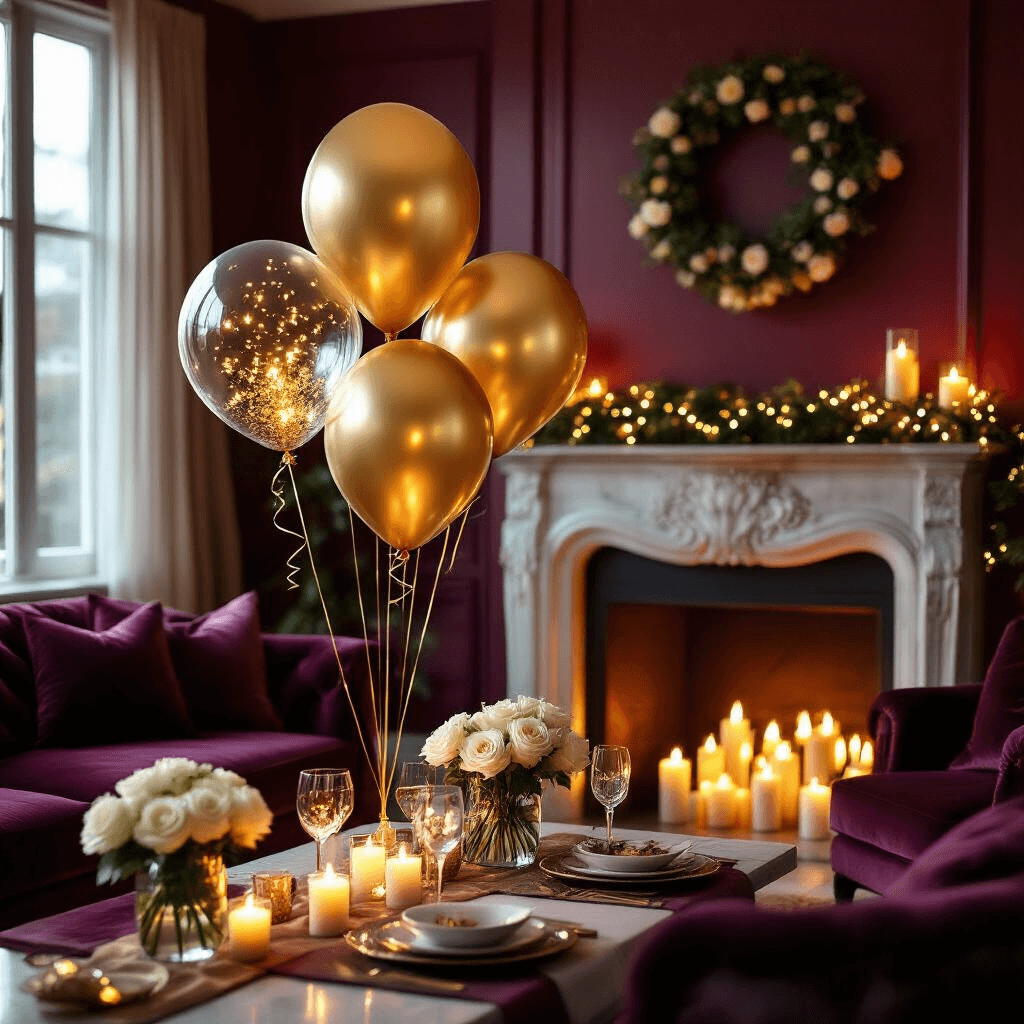 Big Balloons: Everything You Need to Know About Making Your Event Unforgettable Photorealistic image of a cozy living room decorated for an intimate anniversary celebration, featuring glowing LED-lit balloon installations, a marble fireplace with flickering candles, and luxurious velvet furniture. Gold mylar balloons cluster near the fireplace, while clear bubble balloons with confetti float amid the warm candlelight, creating a romantic and elegant atmosphere with fresh white roses and greenery.