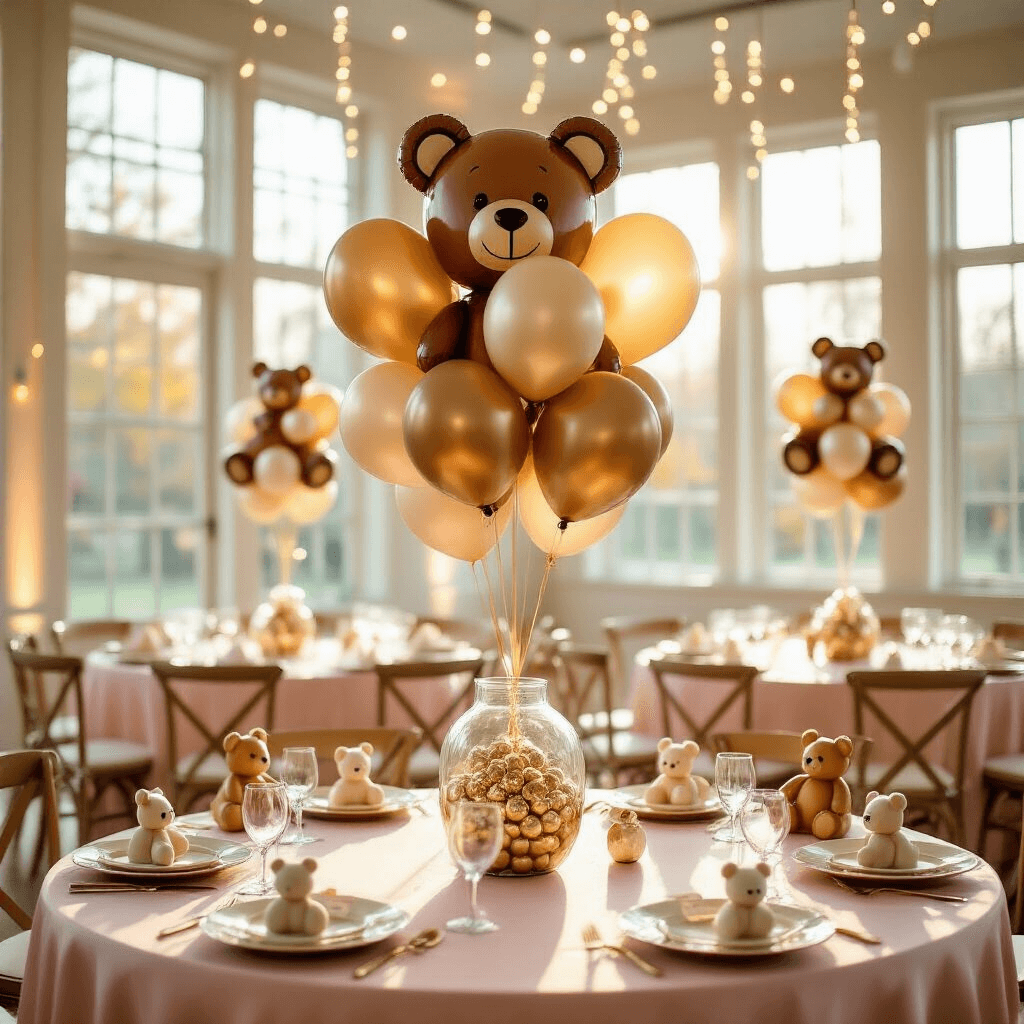 Bear with Balloons: Everything I've Learned About Creating These Adorable Decorations A whimsical children's birthday party scene in a bright ballroom, featuring a large teddy bear balloon centerpiece surrounded by blush pink tables adorned with smaller balloon bears, elegant place settings, and cascading fairy lights, all creating a magical atmosphere.