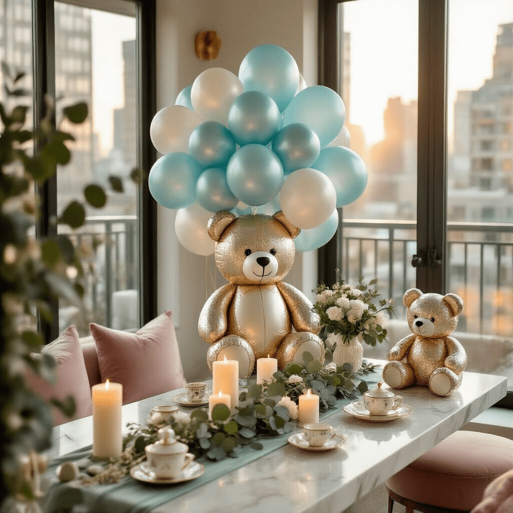 Bear with Balloons: Everything I've Learned About Creating These Adorable Decorations An overhead shot of an elegant baby shower in a modern apartment, featuring a teddy bear balloon arrangement on a marble island, velvet pink seating, sage green table runners, and soft natural light filtering through large windows.