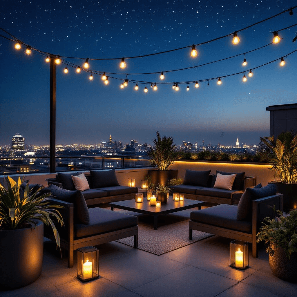 How House of Balloons Changed My Entire Relationship with R&B Music An elegant nighttime rooftop terrace with modern outdoor furniture, ambient lighting, and high-end speakers, set against a starlit urban backdrop.