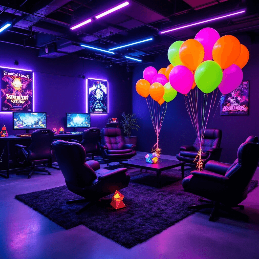 Colorful Balloons That'll Make Your Next Party Absolutely Unforgettable A vibrant teen gaming party in a modern basement with dramatic lighting, showcasing neon latex balloons in electric colors around black leather gaming chairs, illuminated by blacklight, with LED strip lighting, plush rugs, and glowing gaming setups, creating a high-tech celebration space.
