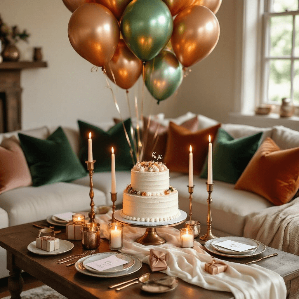 Colorful Balloons That'll Make Your Next Party Absolutely Unforgettable An overhead flat lay of an intimate birthday celebration in a cozy living room, featuring rainbow metallic foil balloons, a vanilla buttercream birthday cake on tiered cake stands, brass candle holders, velvet cushions, silk table runners, and elegant place settings, all illuminated by warm candlelight.