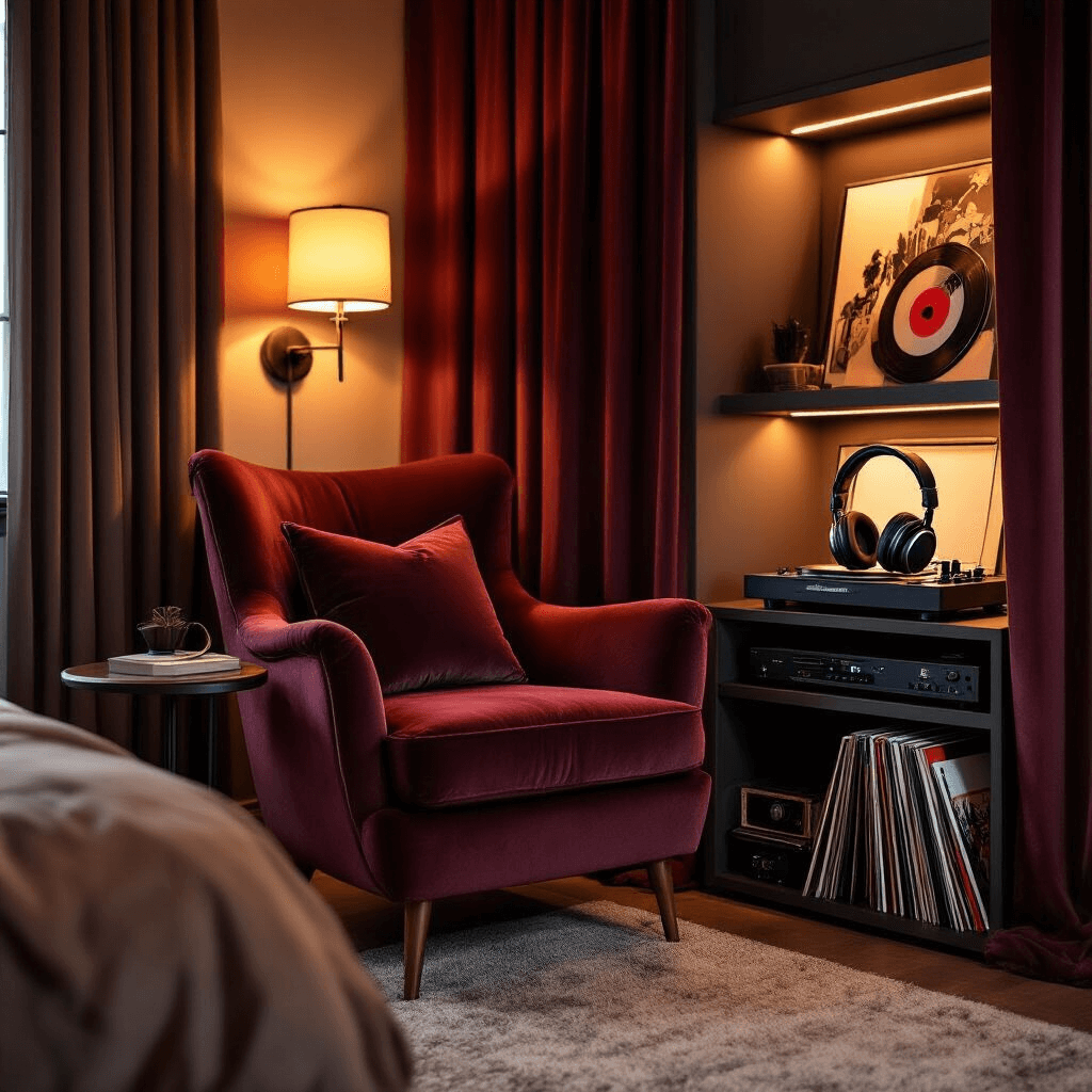 How House of Balloons Changed My Entire Relationship with R&B Music A cozy music sanctuary featuring a burgundy velvet reading chair, warm amber lighting, a vintage turntable, and premium headphones, all surrounded by a rich color palette and luxurious textures.
