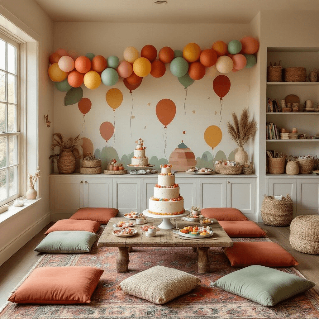 Balloon Wallpaper: Everything You Need to Transform Your Space Without Regrets Intimate children's birthday party flat lay with cozy seating, a three-tiered birthday cake, playful balloon wallpaper, colorful treats on ceramic plates, personalized favors, and whimsical wildflower centerpieces, all illuminated by warm golden hour light.